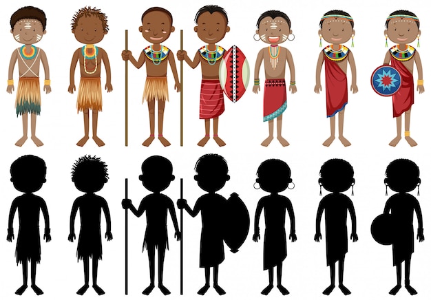 Set of people of African tribes character with its silhouette