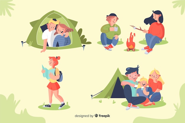 Set of people camping hand drawn design