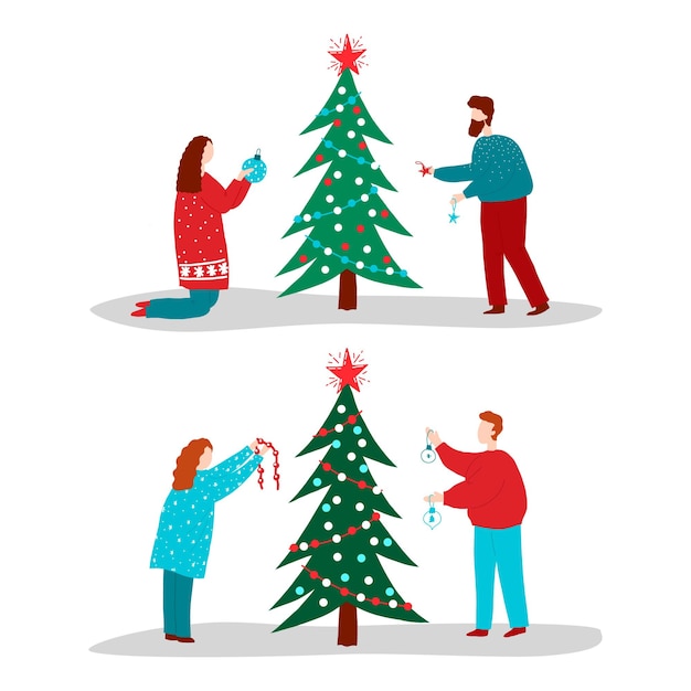 Set of people decorating christmas tree