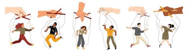 Free Vector set of people hang on ropes puppeteer and puppets