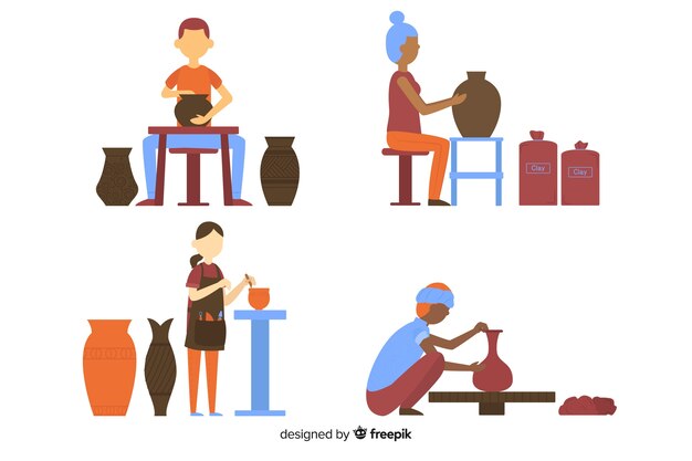 Set of people making pottery flat design