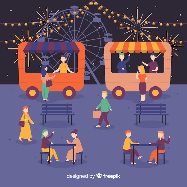 Free Vector set of people at night fair