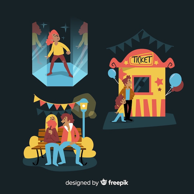 Free Vector set of people at a night fair