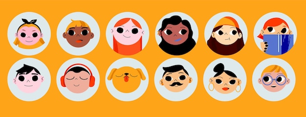 Set of people or pets avatars isolated round icons