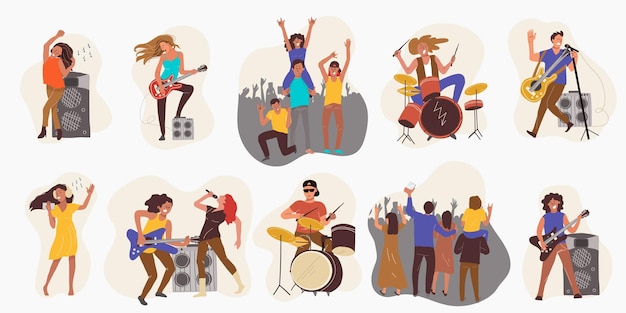 Free Vector set of people playing and listening rock music and dancing on concerts isolated flat vector illustration