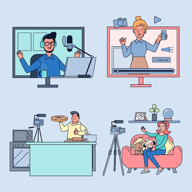 Free Vector set of people recording videos for social media