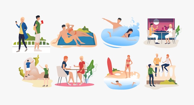 Free Vector set of people resting at resorts and enjoying summertime