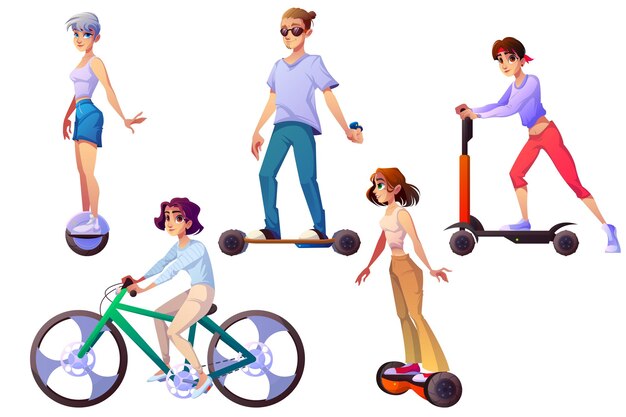 Set of people riding ecology transport bicycle, scooter, hoverboard and monowheel. Teenagers, city dwellers, men and women characters driving different eco transportation. Cartoon vector illustration