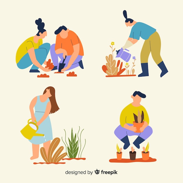 Set of people taking care of plants