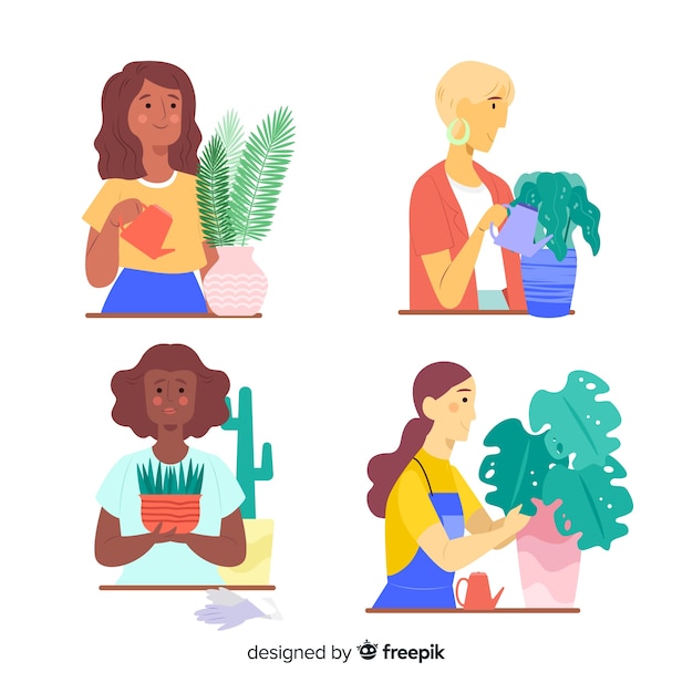 Set of people taking care of plants