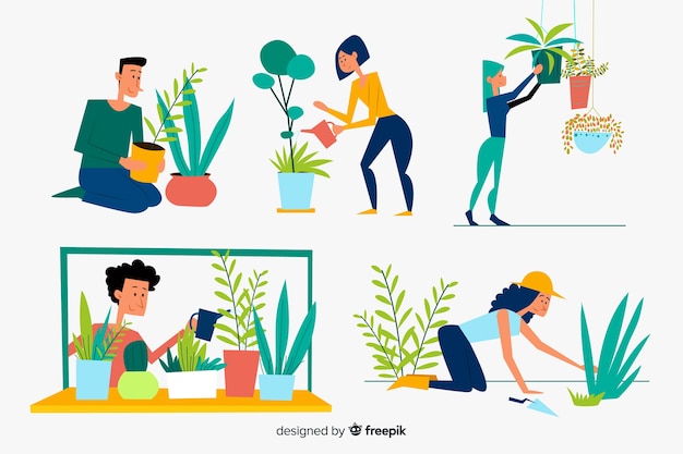 Set of people taking care of plants