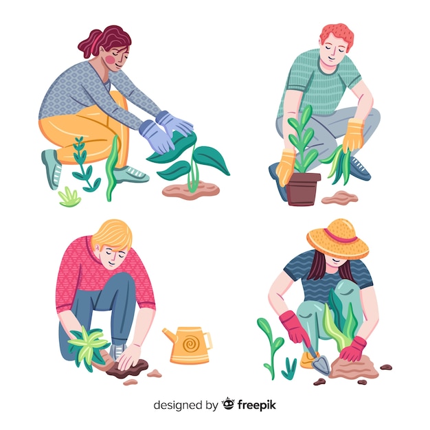 Set of people taking care of plants