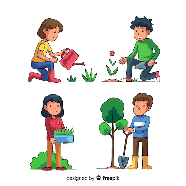 Free Vector set of people taking care of plants