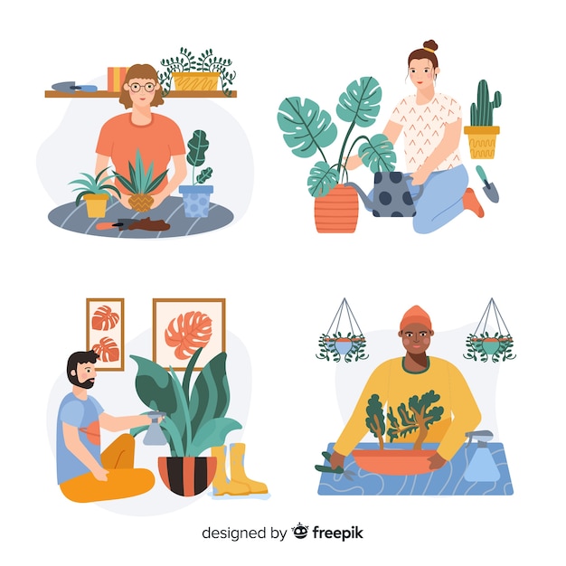 Set of people taking care of plants