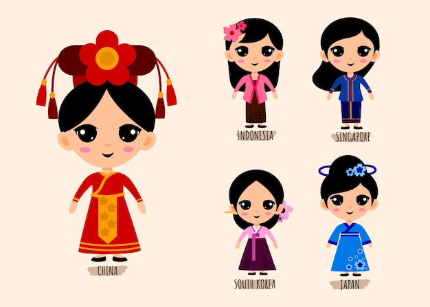 Set Of People In Traditional Asian Clothing cartoon characters , Female National Costumes Collection Concept, isolated flat   illustration