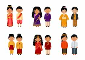 Free vector set of people in traditional asian clothing cartoon characters , male and female national costumes collection concept, isolated flat   illustration