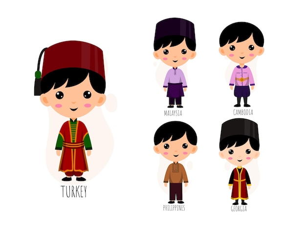 Free Vector set of people in traditional asian clothing cartoon characters , male national costumes collection concept, isolated flat   illustration