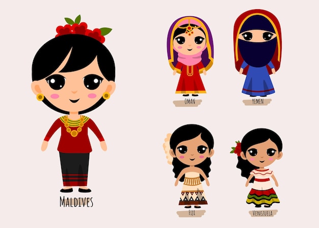 Free Vector set of people in traditional south america clothing cartoon characters , female national costumes collection concept, isolated flat   illustration