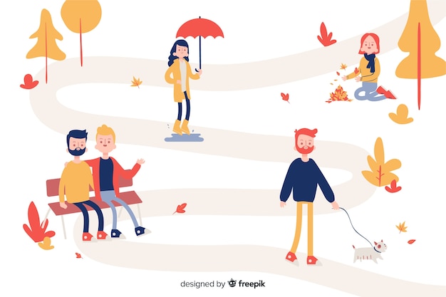 Free Vector set of people walking in autumn