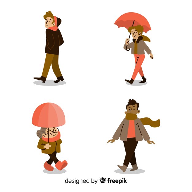 Set of people walking in autumn 