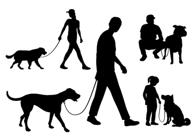 Free Vector set of people walking their dogs on leashes vector silhouette illustration isolated on a white back