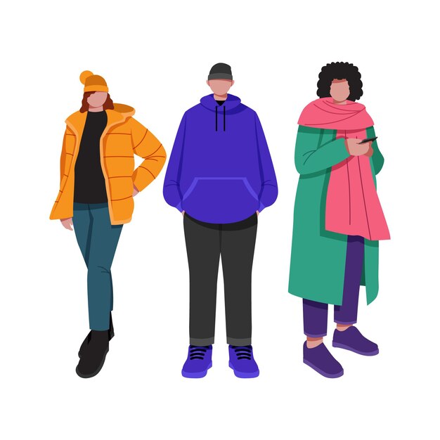 Set of people wearing cozy winter clothes