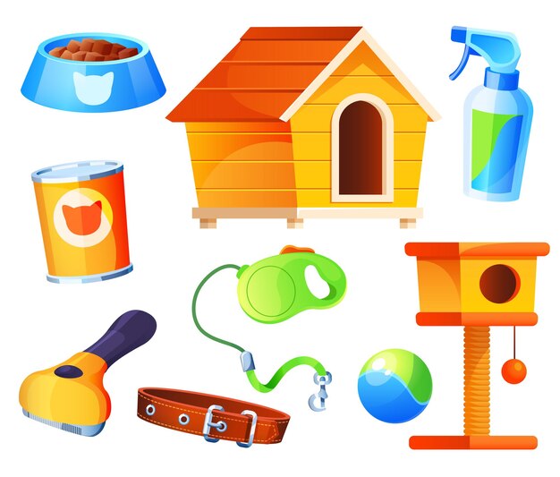 Set for pets. domestic animals store accessories isolated cartoon elements