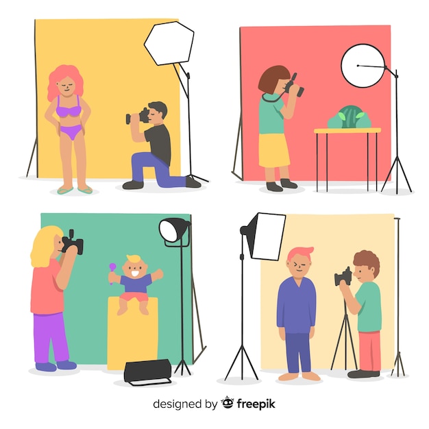 Set of photographers working illustrated 