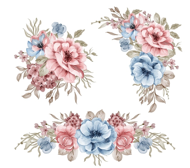 Set of pink blue flower arrangement watercolor illustration