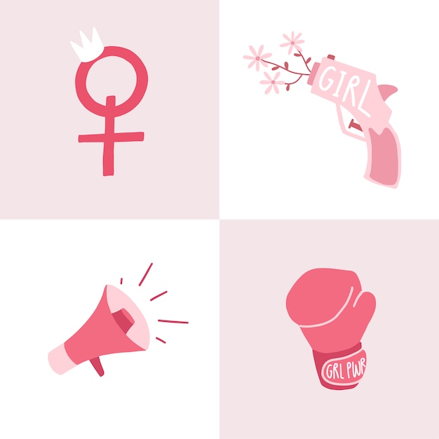 Set of pink feminist badge vectors