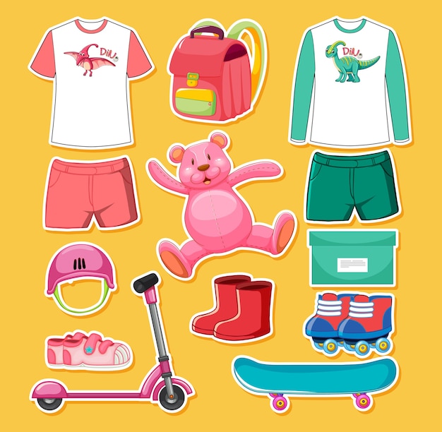 Free Vector set of pink and green color toys and clothes isolated