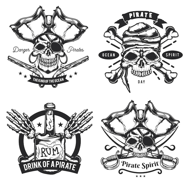 Set of pirat elements (bottle, bones, sword, gun) emblems, labels, badges, logos.