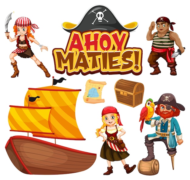 Set of pirate cartoon characters and objects