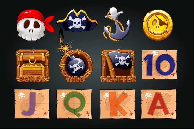 Free Vector set of pirate icons for slot machines. coins, treasures, skull, pirate symbols for the game.