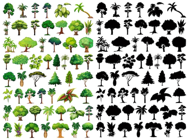 Free Vector set of plant and tree with its silhouette