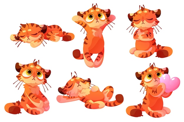 Free Vector set of plush tigers, baby toy, cute animal cub character, funny mascot with kawaii muzzle sleep on back, holding heart, sitting and lying. cartoon wild kitten with orange striped skin, vector icons