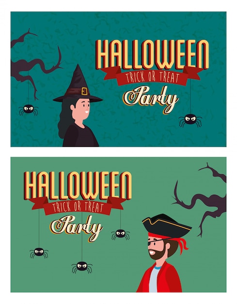 Set poster of party halloween with disguised