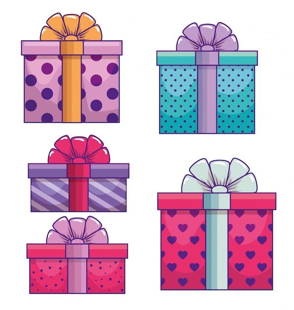 Set presents gifts with ribbon bow decoration