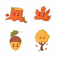 Free vector set of pretty cartoon oak, acorn, maple leaf and tree stamp characters smiling