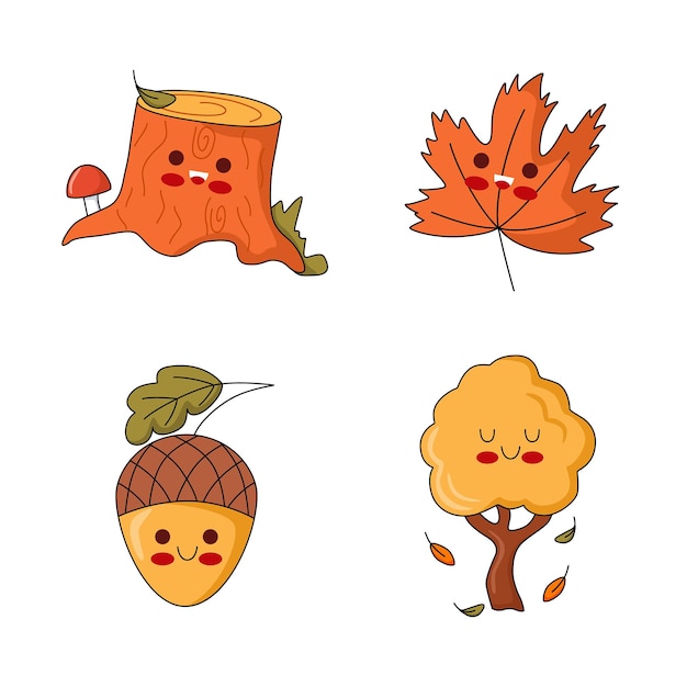 Free Vector set of pretty cartoon oak, acorn, maple leaf and tree stamp characters smiling