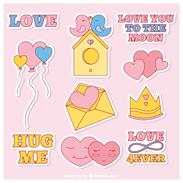 Set of pretty hand drawn love stickers