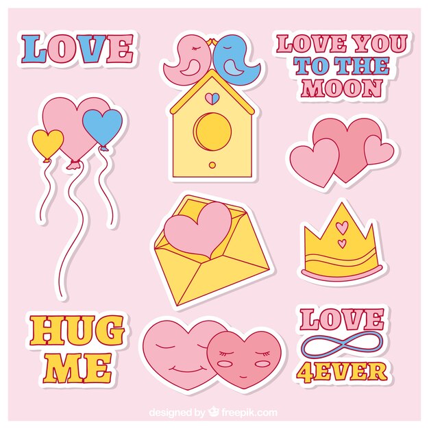 Set of pretty hand drawn love stickers