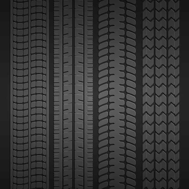 Free Vector set of prints from different types of tires on a dark gray background. vector illustration