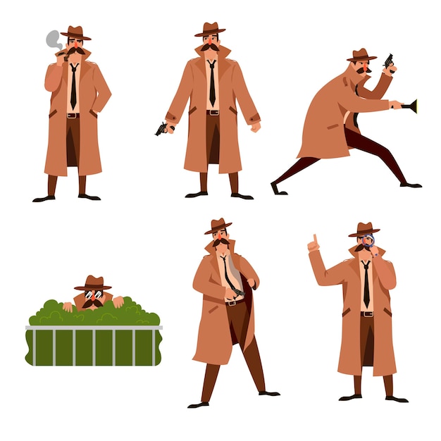 Free Vector set of private investigator cartoon illustration