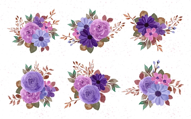 Free vector set of purple watercolor floral bouquet