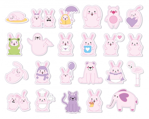 Free Vector set of rabbits and animals kawaii characters