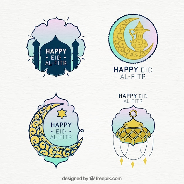 Set of ramadan badges with mosques and ornaments