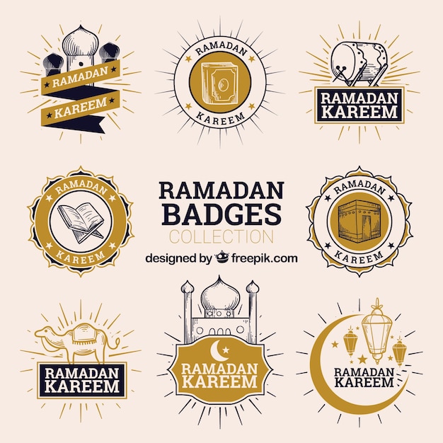 Set of ramadan badges with mosques and ornaments