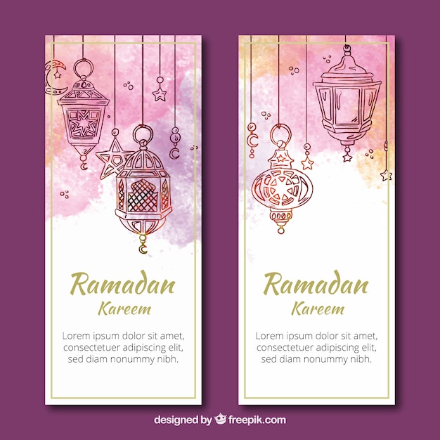 Free Vector set of ramadan banners with lamps