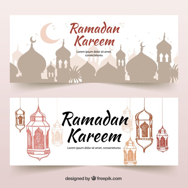 Set of ramadan banners with mosque and lamps